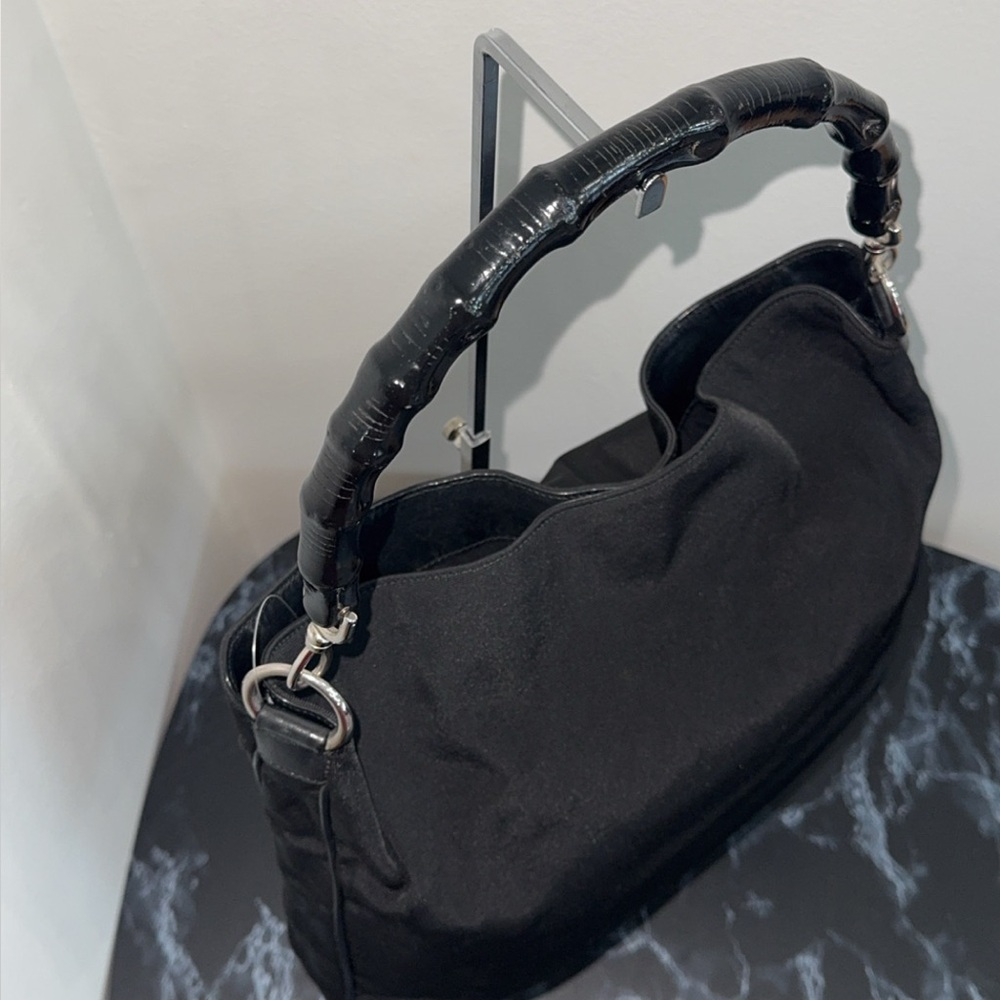 Gucci Bamboo Shoulder Bag Nylon Black Silver Handbag AUTHENTIC - Picture 2 of 14